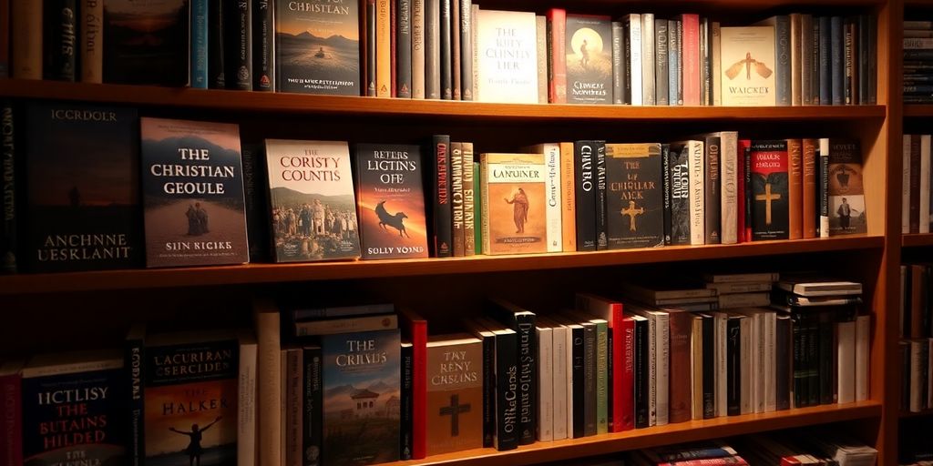 Bookshelves filled with diverse Christian literature in warm light.