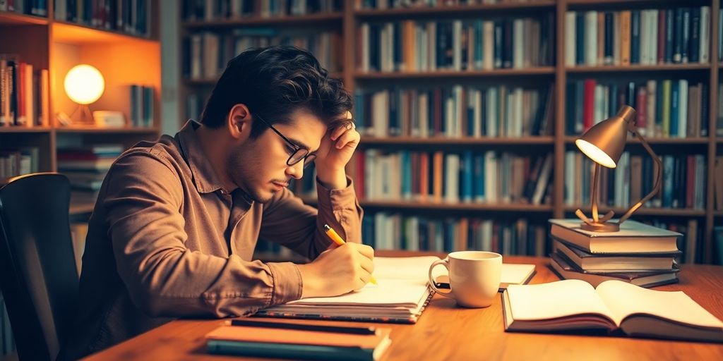 Writer at a desk surrounded by notebooks and coffee.