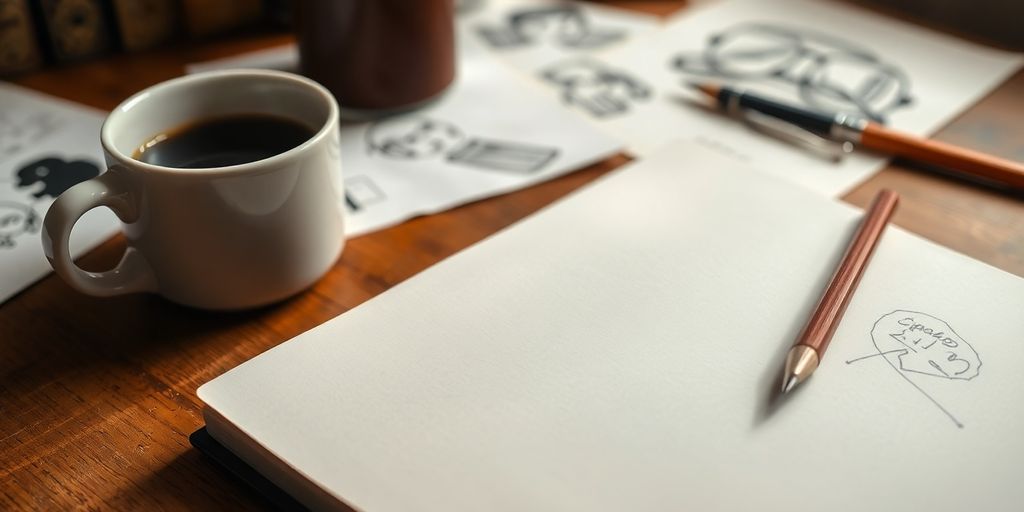 A writer's desk with notebooks and sketches.