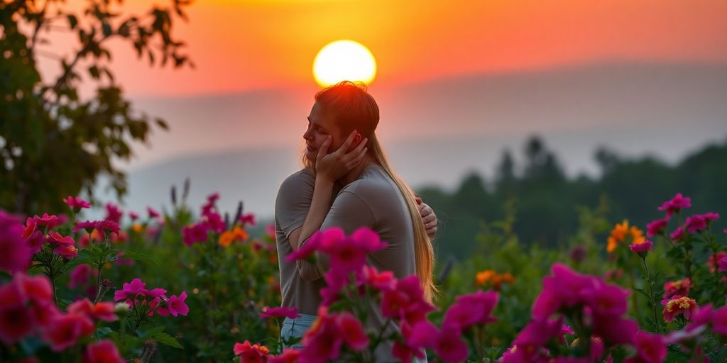 Couple embracing at sunset among colorful flowers.