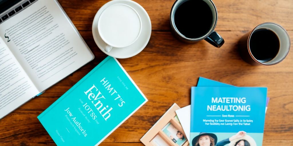 Flat lay of book, laptop, and coffee on wooden table.