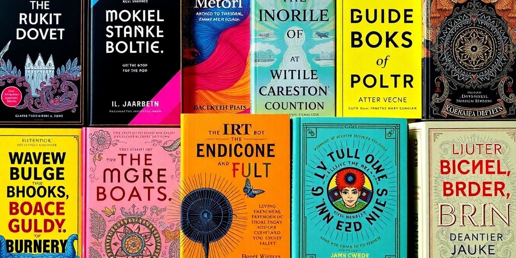 Colorful innovative book covers featuring unique designs and textures.