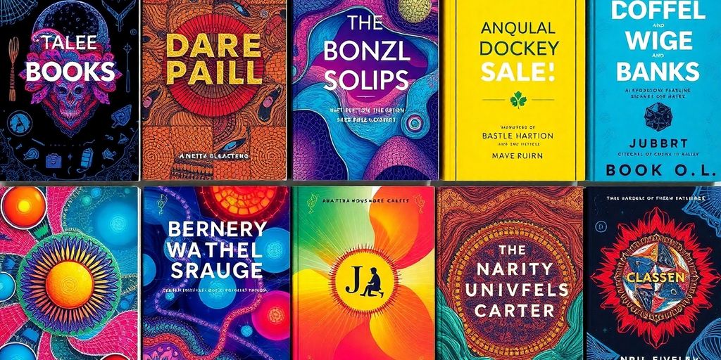 Colorful and unique book covers with creative designs.