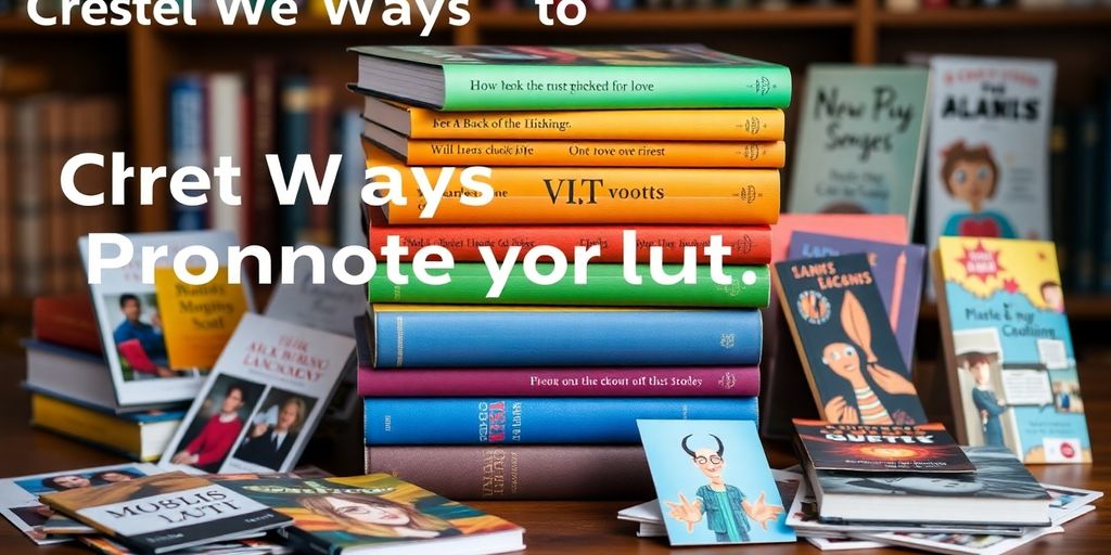A stack of colorful books with marketing materials around them.