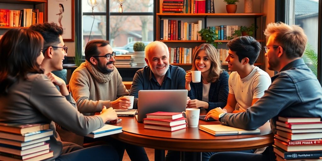 Author collaborating with influencers in a cozy café.