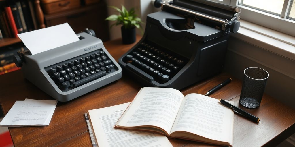 Cozy writing space with typewriter and open notebook.