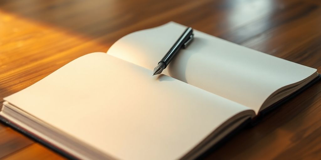 Open notebook and pen on a wooden table.