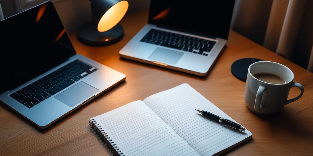 Cozy writing desk with laptop and notebook setup.