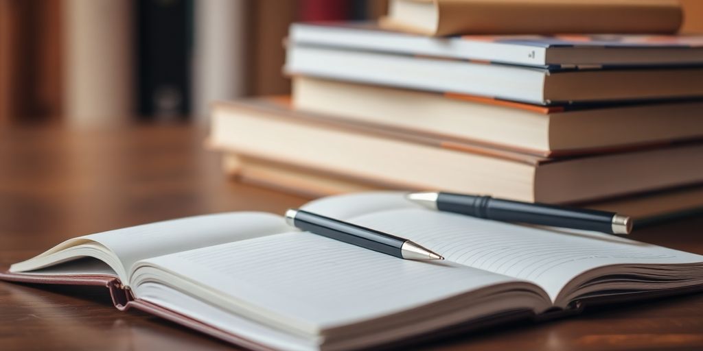 Close-up of books and an open notebook with a pen.
