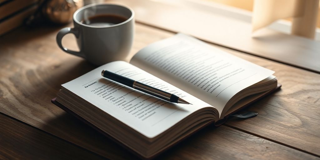 Cozy writing space with notebook and coffee cup.