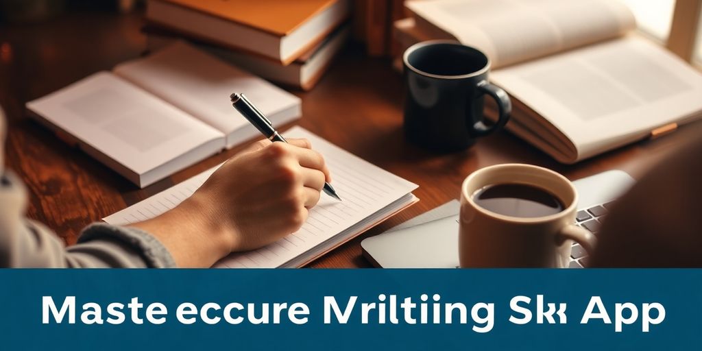 Person writing with a laptop and coffee on desk.