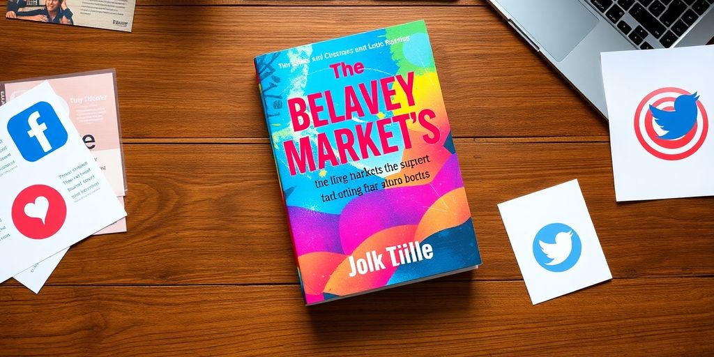 A book cover with marketing materials on a wooden table.