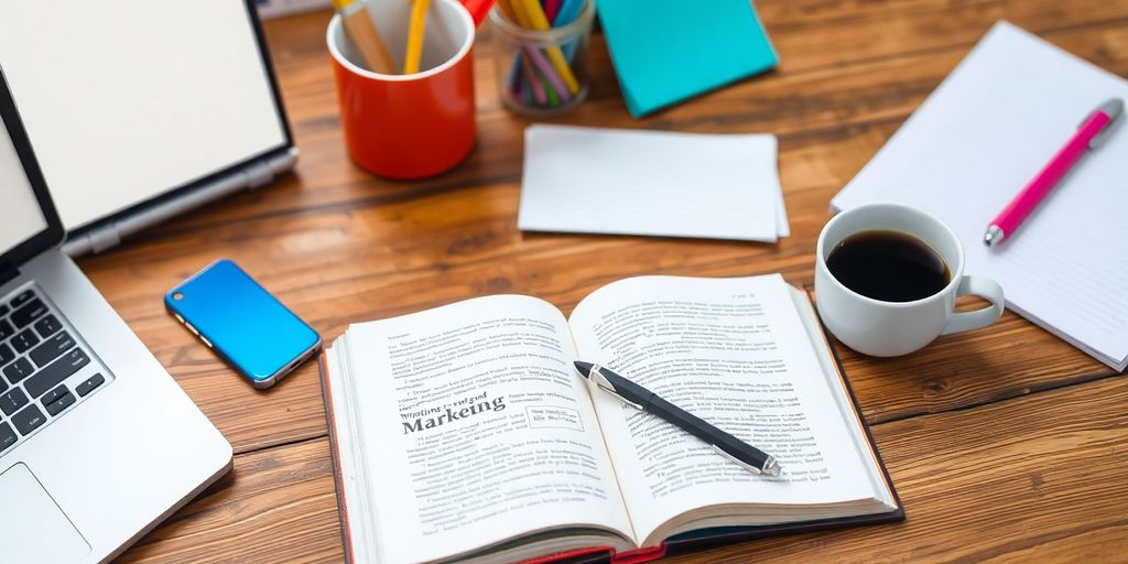 Open book with laptop and coffee on a wooden desk.