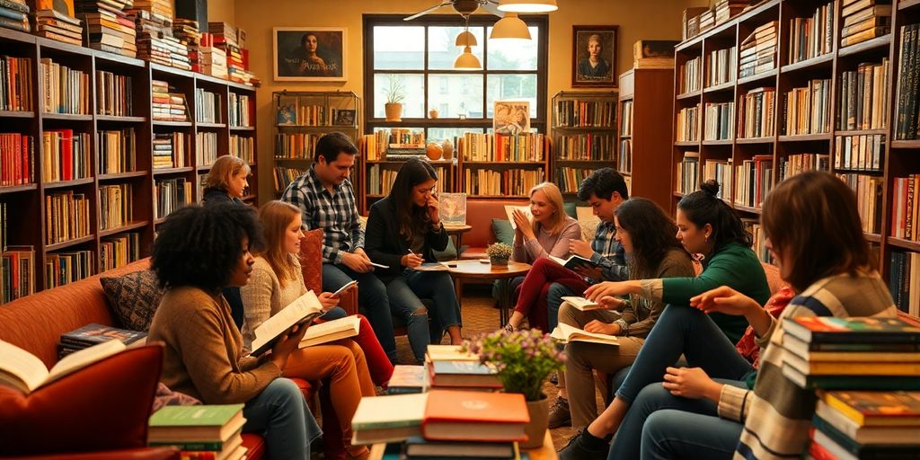 Diverse group discussing books in a cozy bookstore setting.
