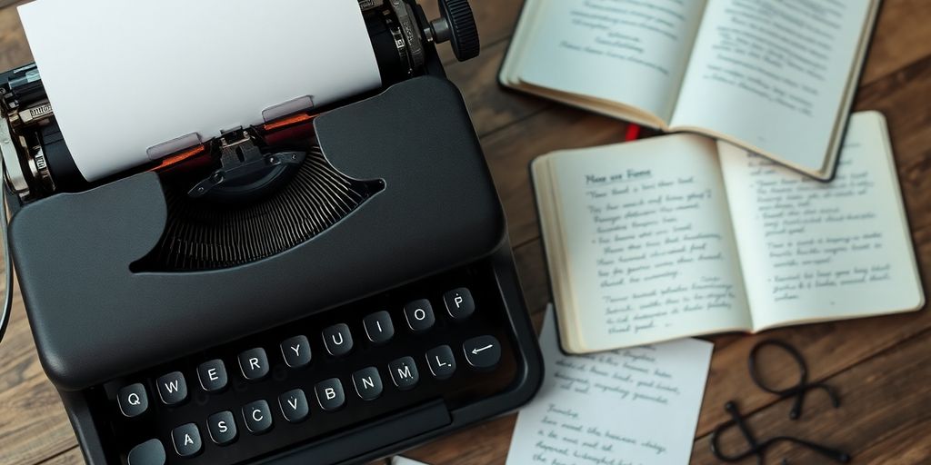 Vintage typewriter with blank paper and handwritten notes.