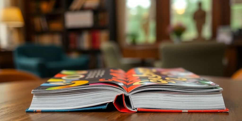 Close-up of a colorful mass market paperback book.
