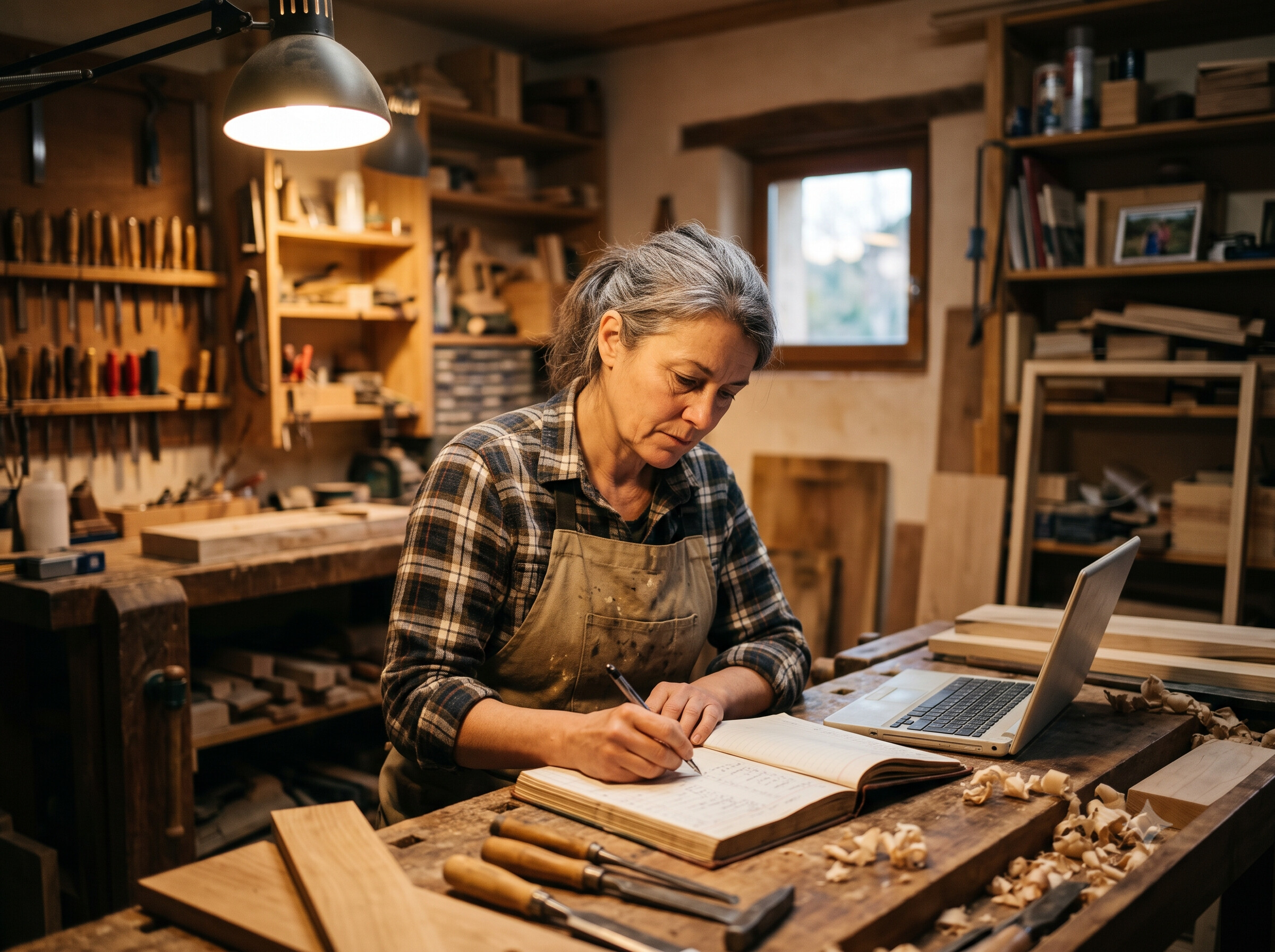 Independent tradesperson managing accounts in their workshop