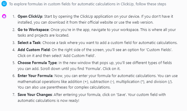 Steps to explore formulas in custom fields clickup