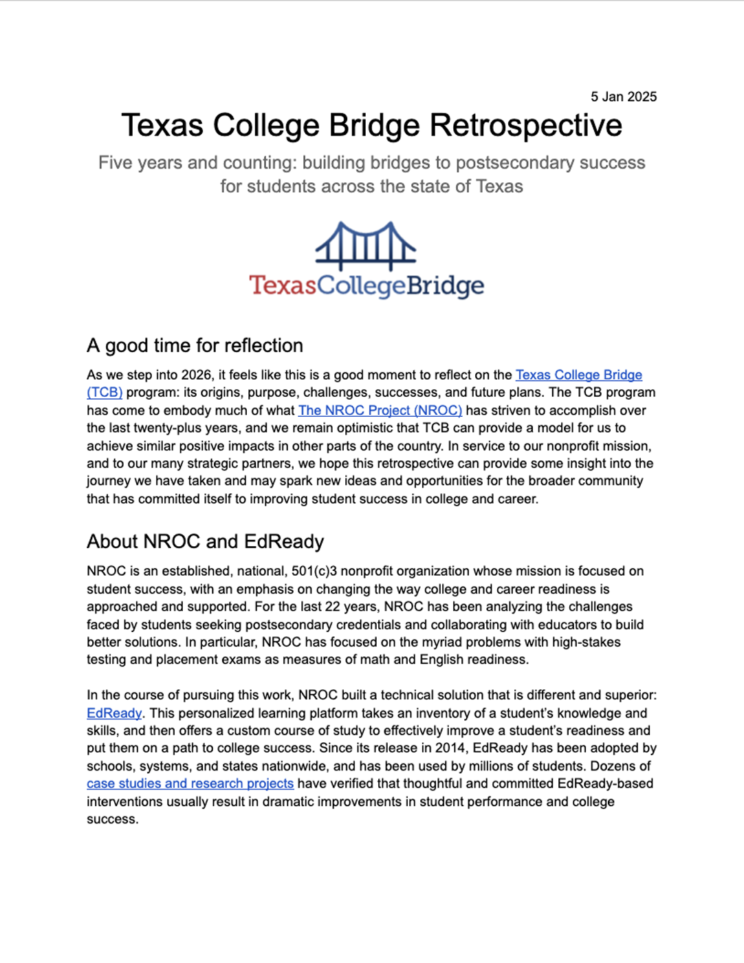 Texas College Bridge Retrospective