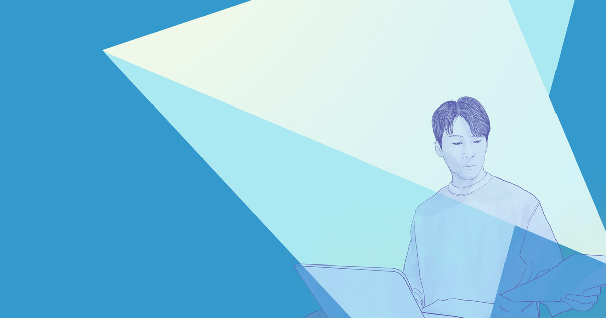 Abstract outline of student studying in laptop, with abstract shapes background in various shades of blue