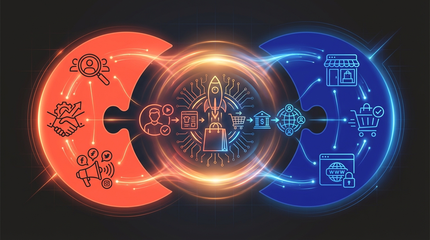 Two complementary platforms fitting together as puzzle pieces for creator commerce