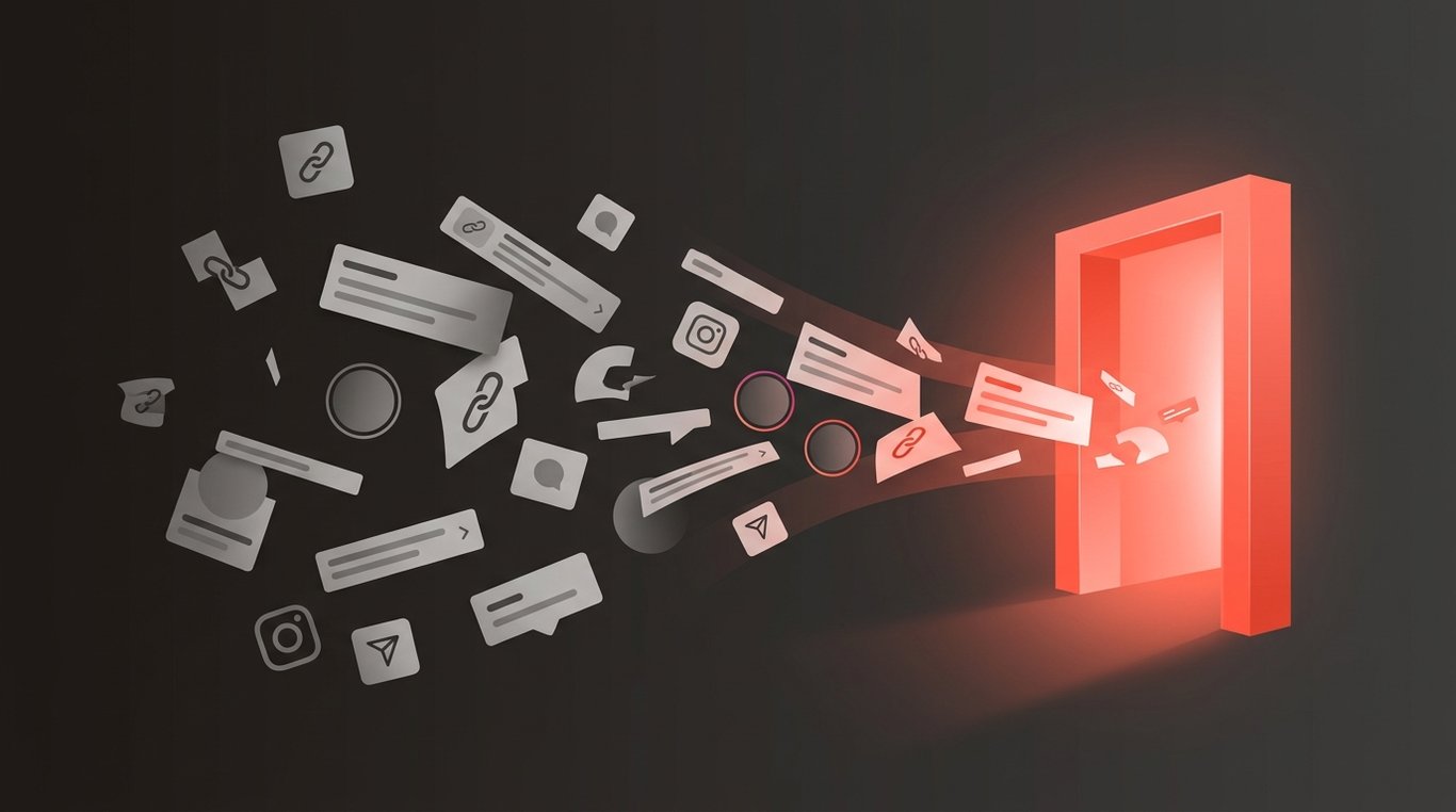 Abstract visualization of affiliate marketing evolving from scattered Instagram workarounds into a unified native link era