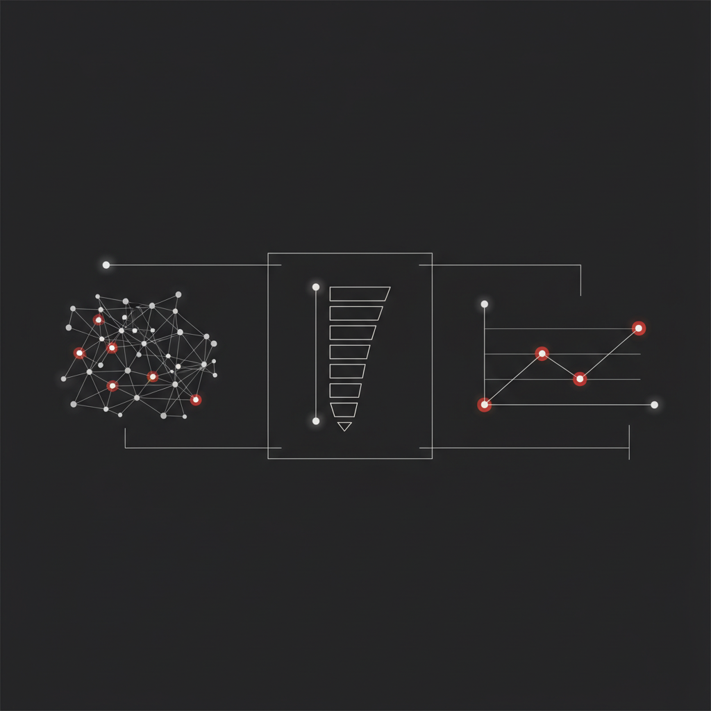 Editorial visualization of SARAL creator analytics on Shopify with funnel and chart