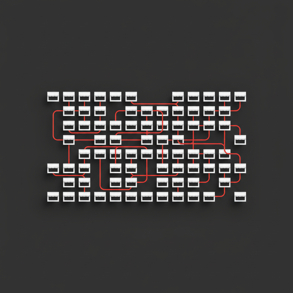 Abstract editorial illustration of creator storefront tiles connected by data network lines on dark charcoal background with red accents