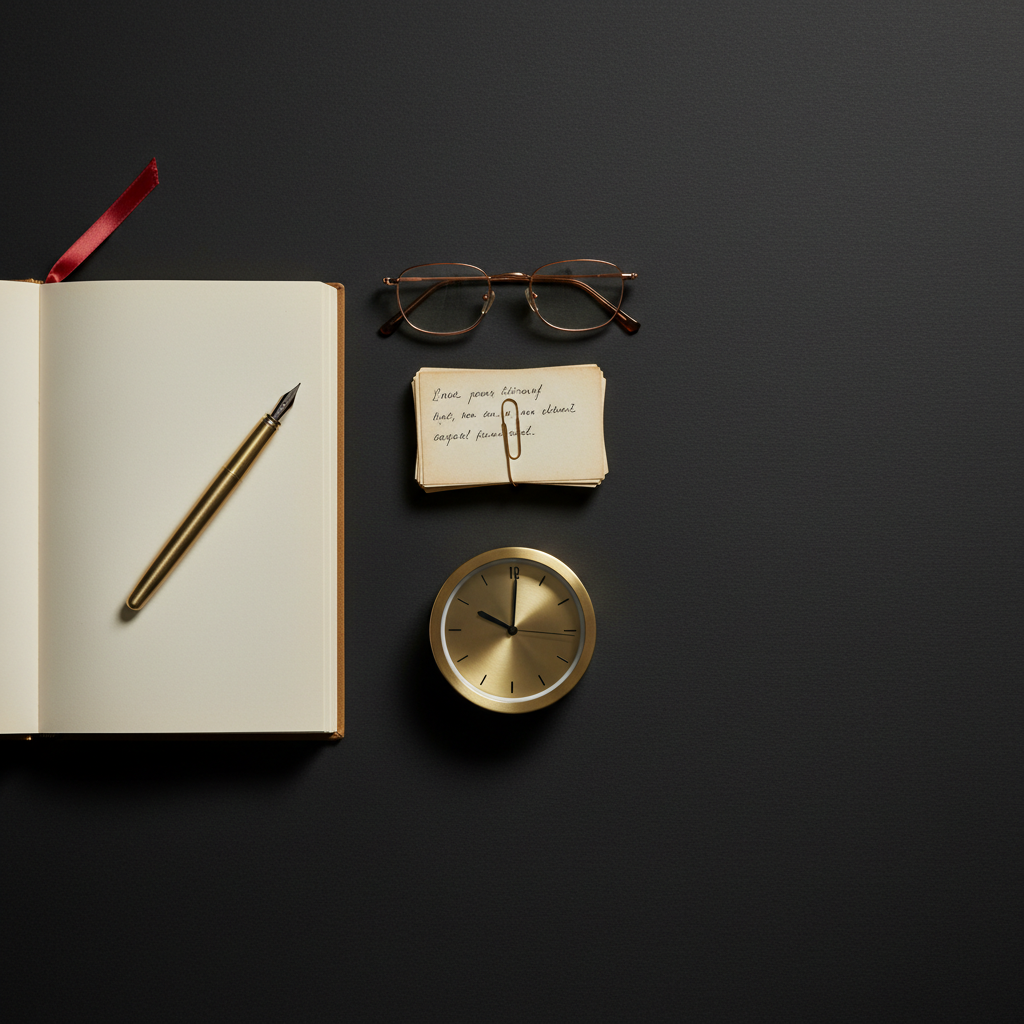 Editorial flat-lay of an open book, fountain pen, flashcards in a brass clip, analog clock, and reading glasses on charcoal — Education and EdTech creator-aware commerce playbook