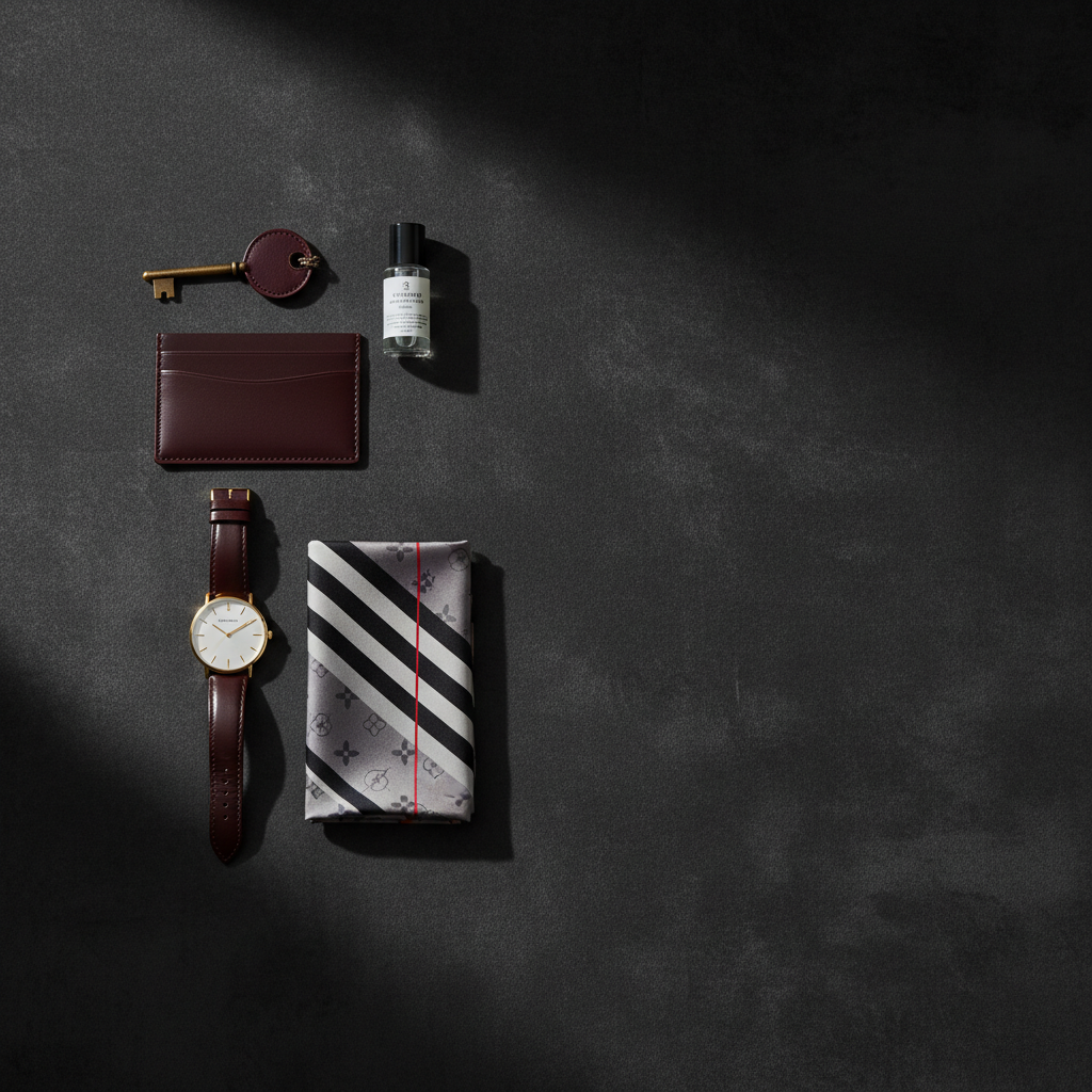 Editorial flat-lay of leather card holder, gold watch, silk scarf, leather conditioner and brass key on charcoal — Luxury and Designer creator-aware commerce playbook
