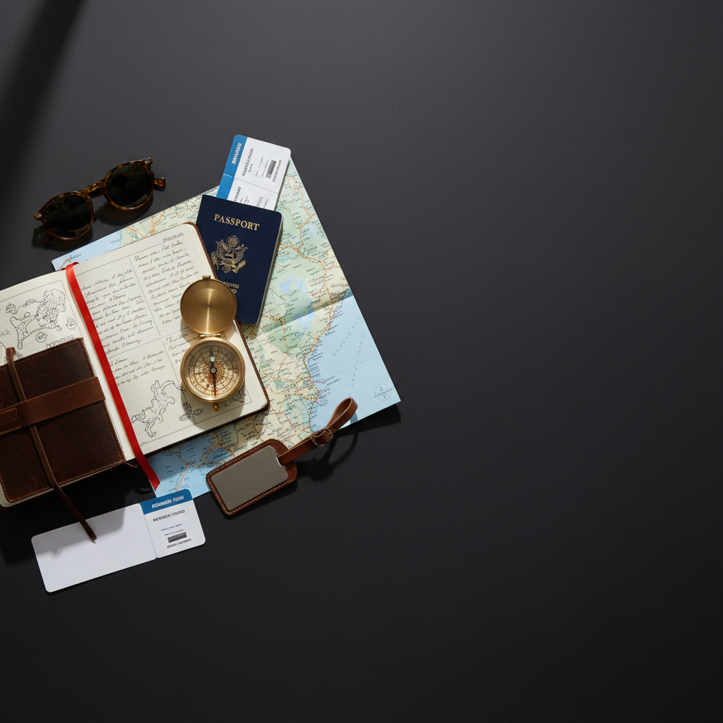Editorial flat-lay of travel arrangement on charcoal with leather journal, passport, compass, folded map, and a single red boarding-pass accent