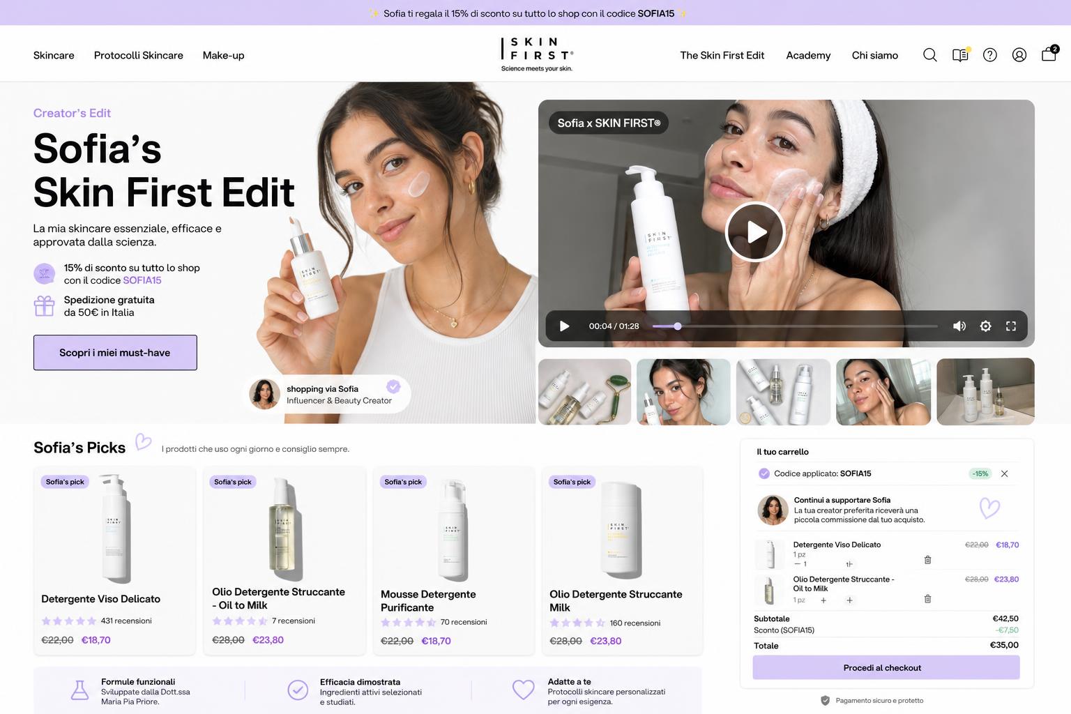 CreatorCommerce co-branded storefront mockup for Skinfirst Cosmetics