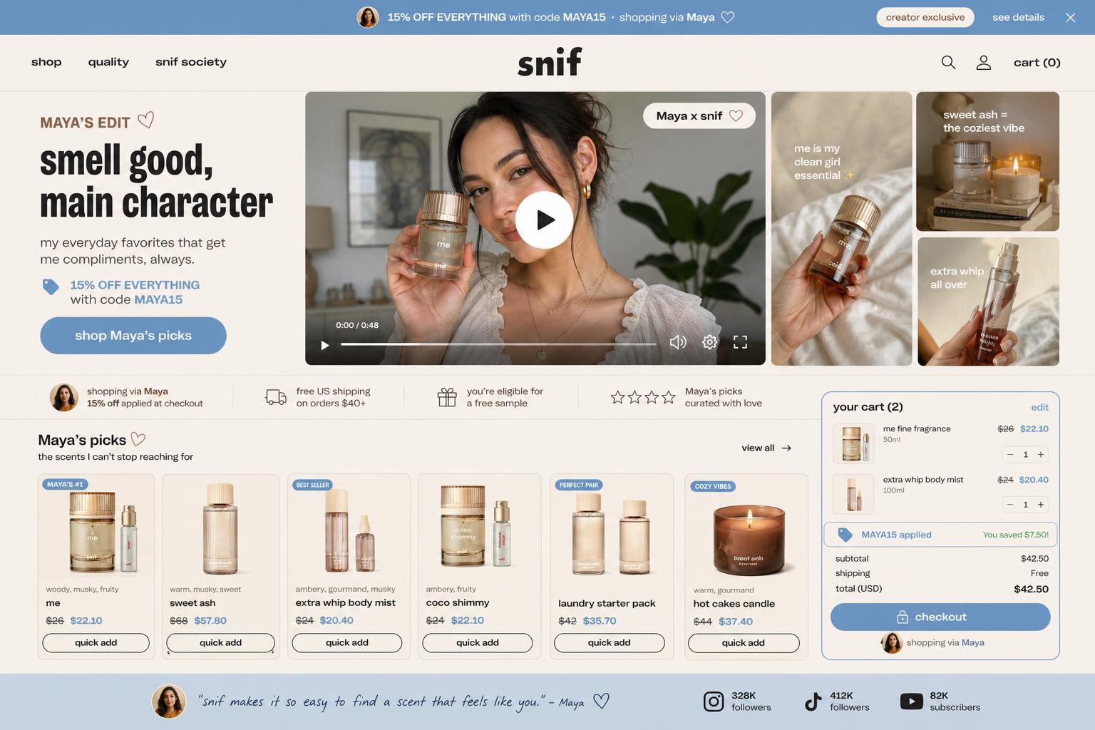 CreatorCommerce co-branded storefront mockup for Snif
