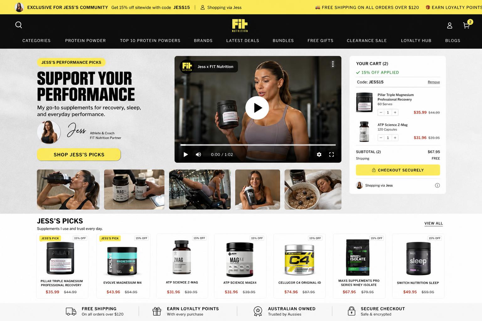 CreatorCommerce co-branded storefront mockup for Fit Nutrition