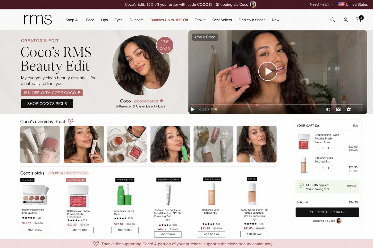 CreatorCommerce co-branded storefront mockup for RMS Beauty