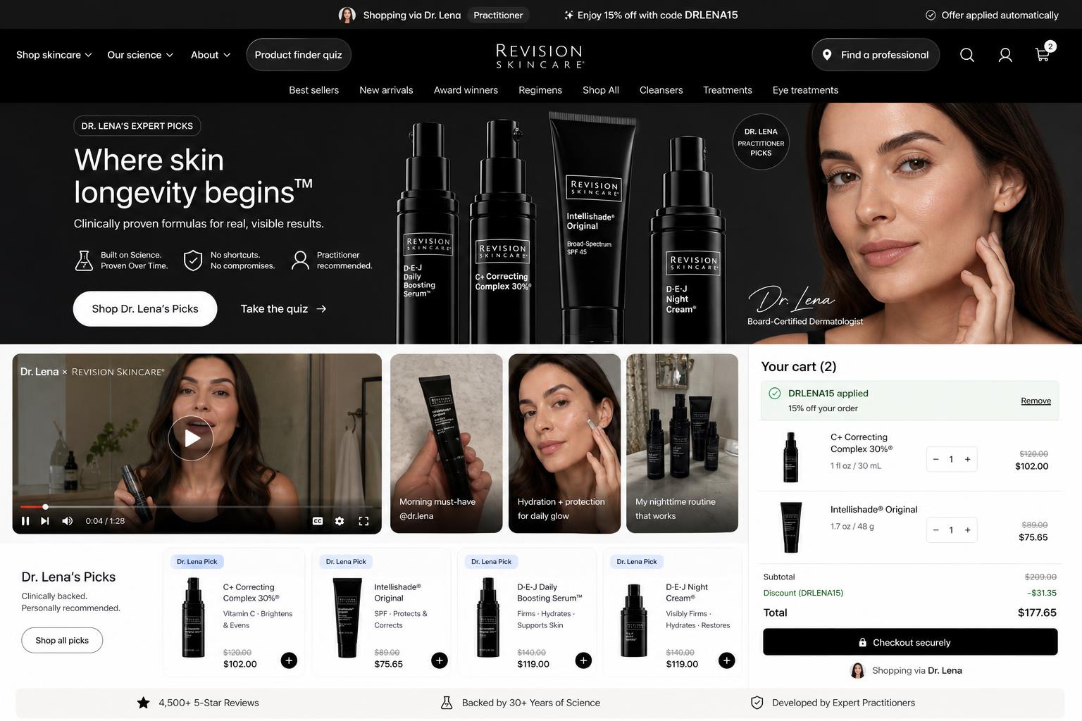 CreatorCommerce co-branded storefront mockup for Revision Skincare