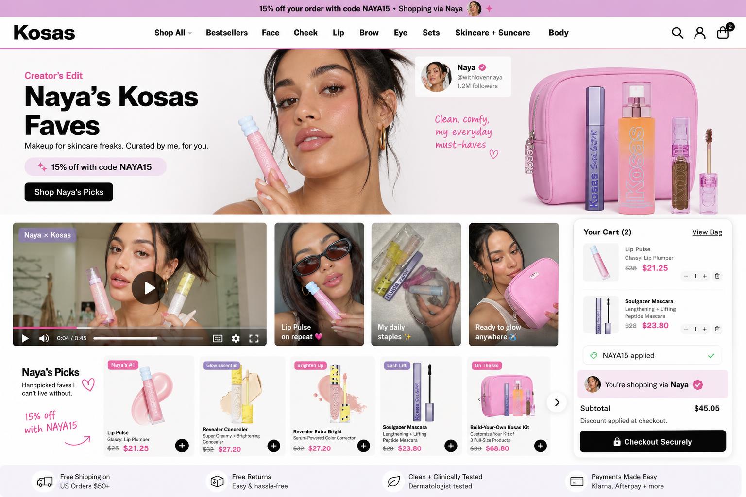 CreatorCommerce co-branded storefront mockup for Kosas