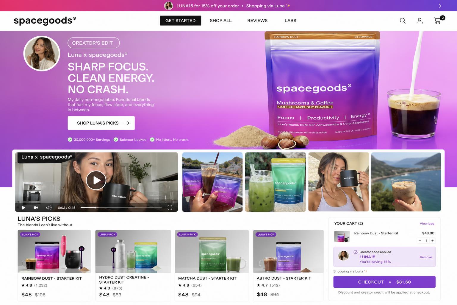 CreatorCommerce co-branded storefront mockup for Spacegoods