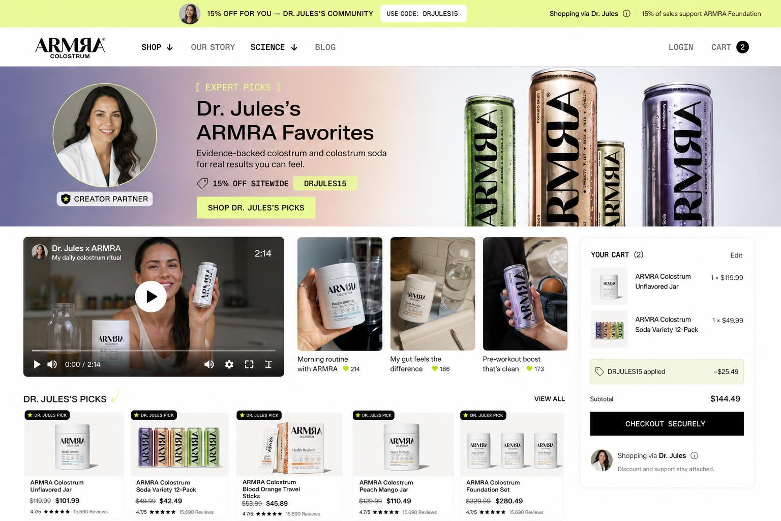 CreatorCommerce co-branded storefront mockup for ARMRA