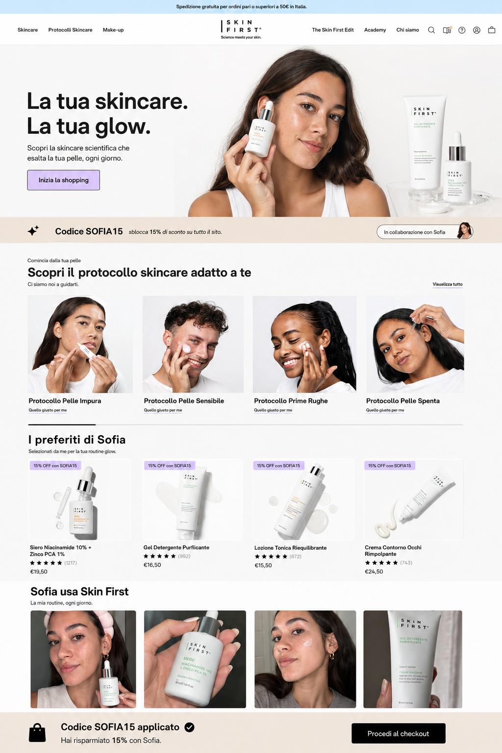 CreatorCommerce co-branded storefront mockup for Skinfirst Cosmetics