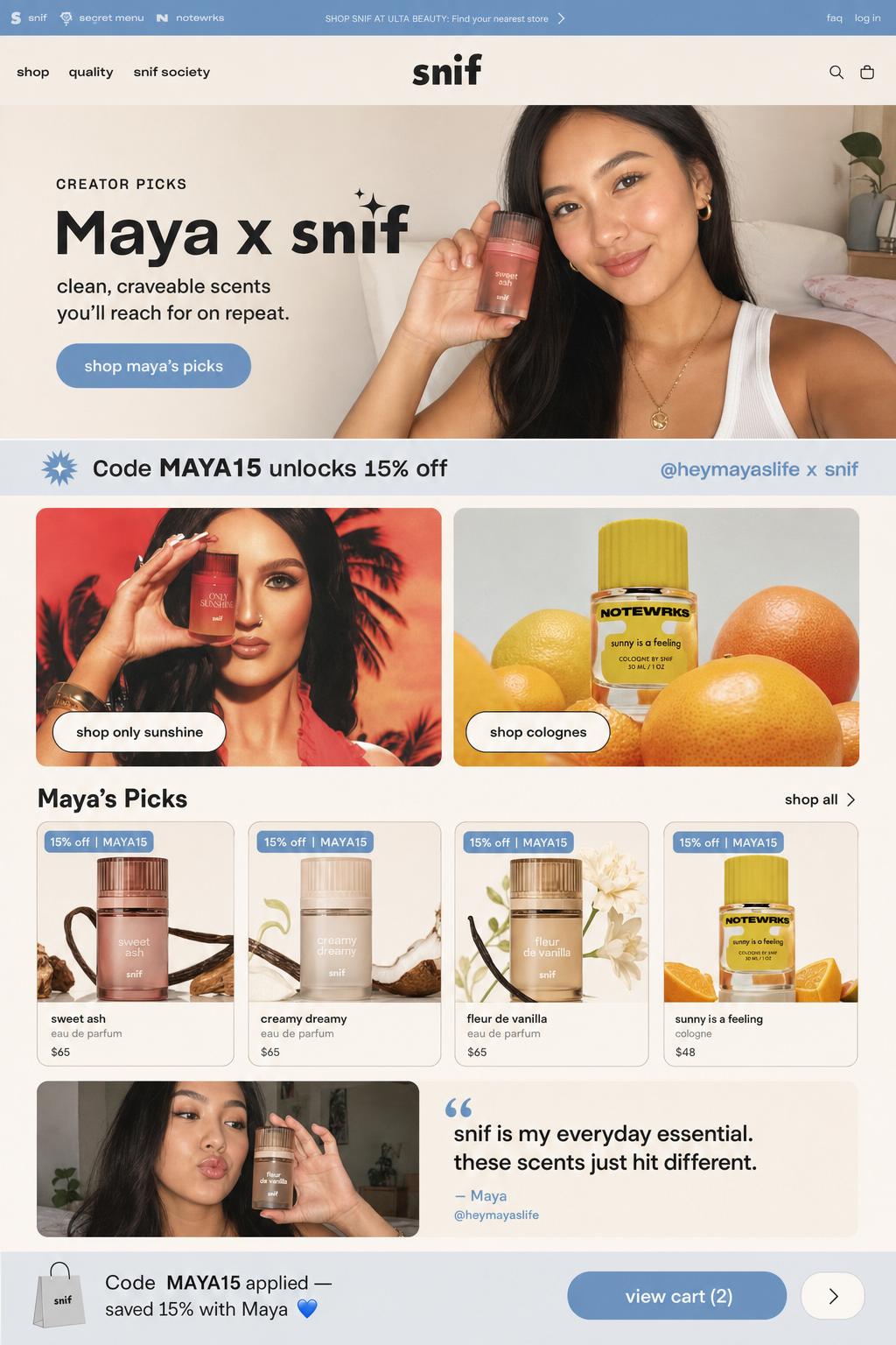 CreatorCommerce co-branded storefront mockup for Snif