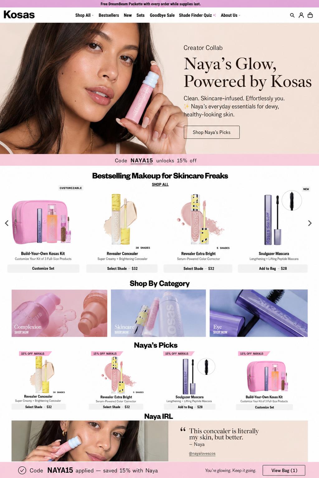 CreatorCommerce co-branded storefront mockup for Kosas