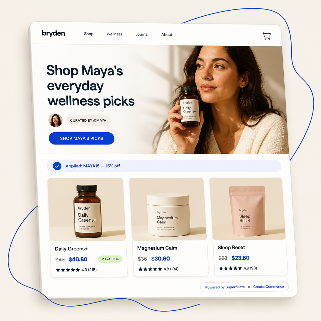 Superfiliate × CreatorCommerce co-branded creator storefront mockup