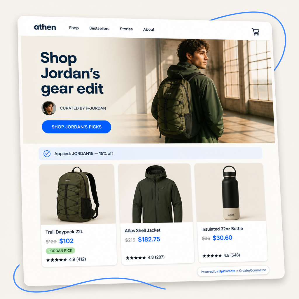 UpPromote × CreatorCommerce co-branded creator storefront mockup