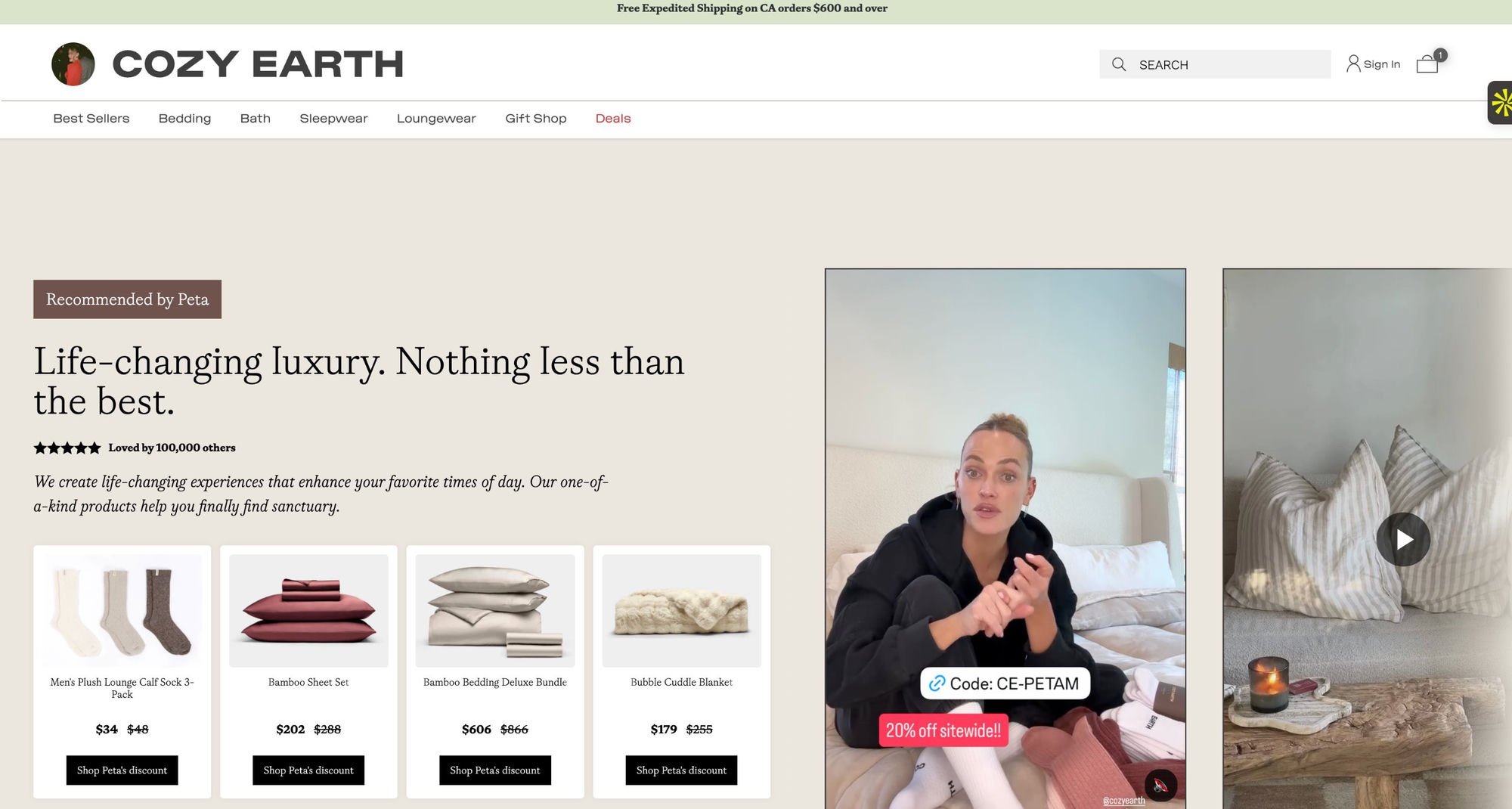Cozy Earth co-branded landing page for creator Peta with curated products and an auto-applied discount