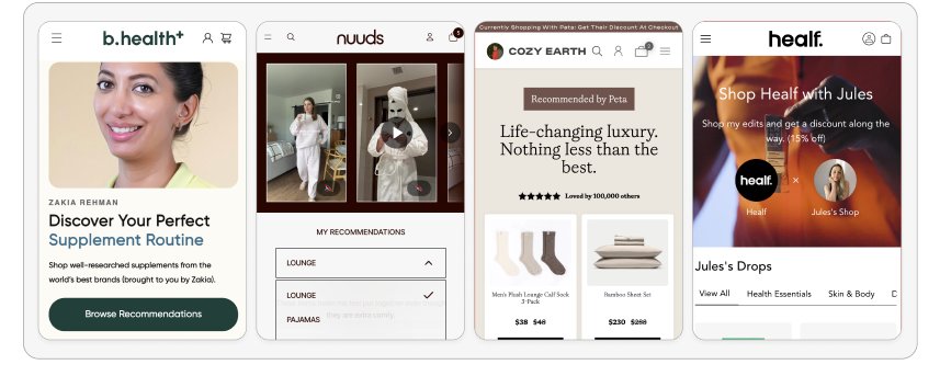 Co-branded creator storefronts built on CreatorCommerce across b.health+, nuuds, Cozy Earth, and Healf