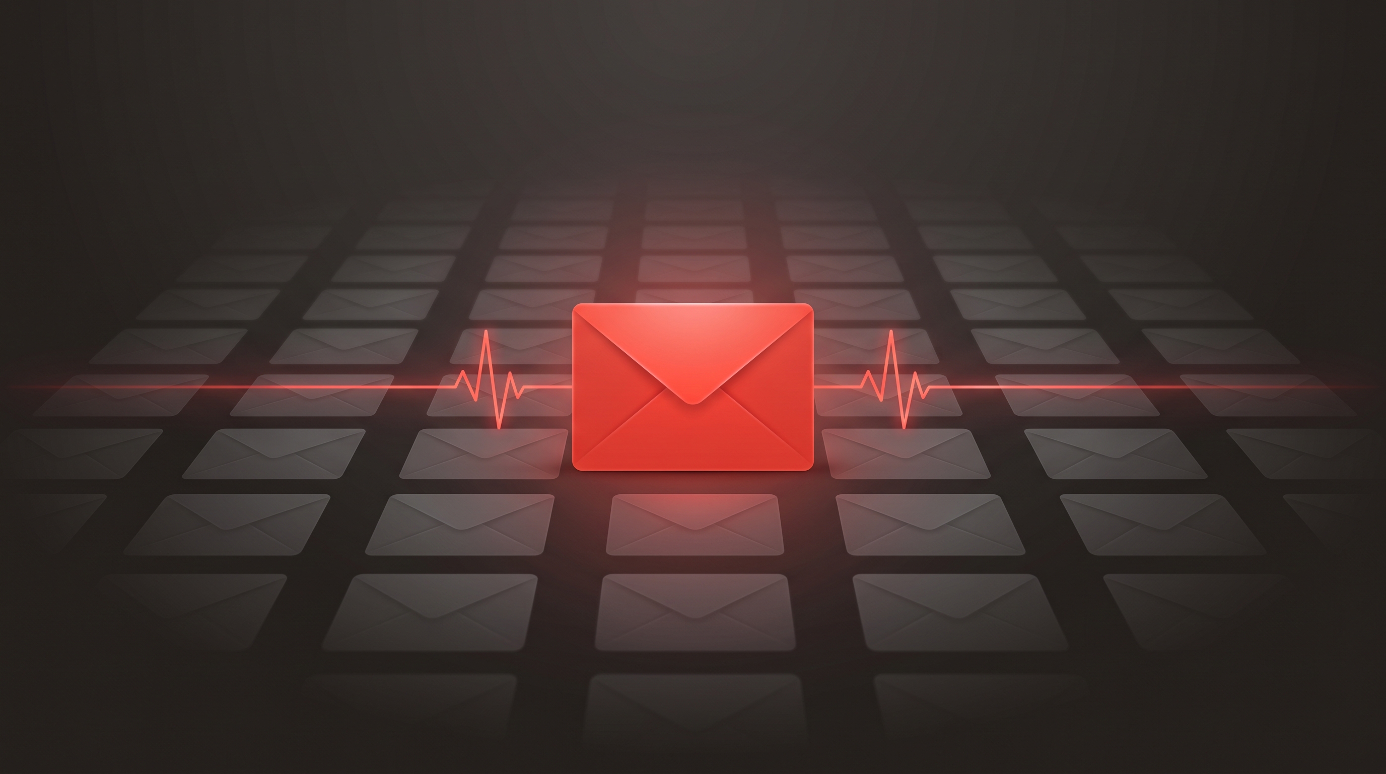 Red envelope with a heartbeat pulse line standing out from a grid of gray email icons, representing reactivating inactive affiliates through physical mail