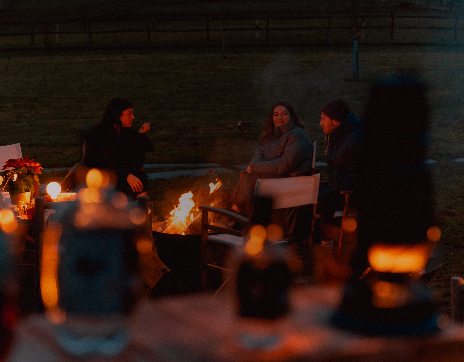 Festive gathering around the fire at Firesyde