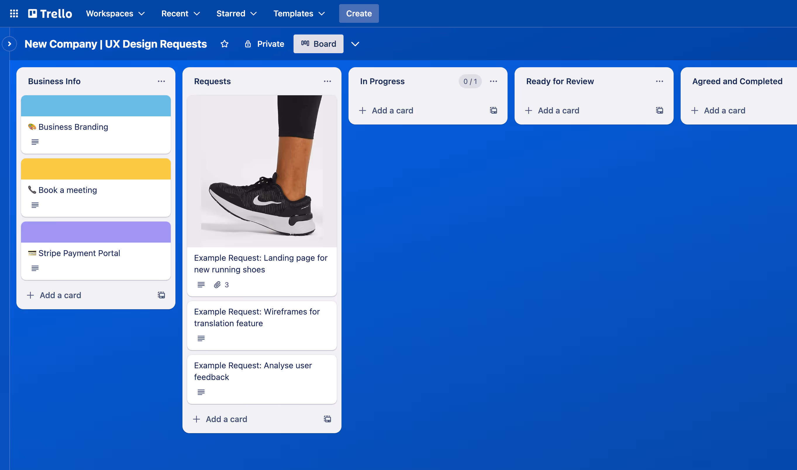An example of a company's Trello board for design requests.