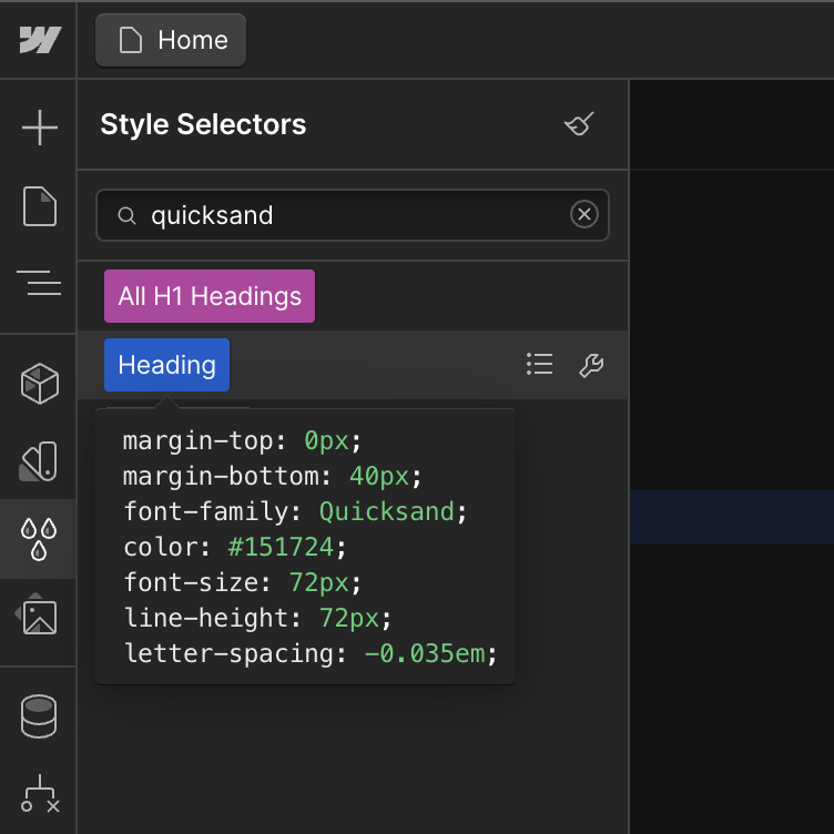 Classes using the font you're looking for being shown in the Webflow Styles Selector section.